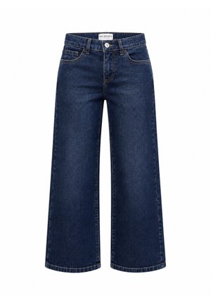 Jeans denim blu scuro a gamba larga con bottone frontale, zip, passanti per cintura e design a cinque tasche.