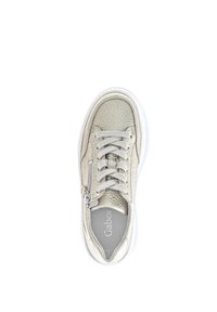 Silver leather sneaker with textured surface, cream laces, side zipper detail, and white rubber sole; brand logo visible inside.