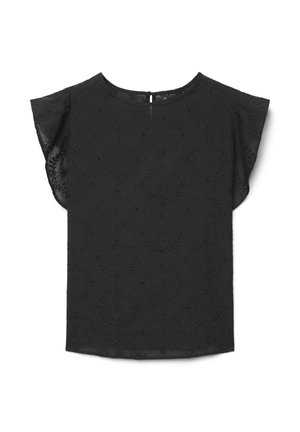 Blusa nera a maniche corte con ricamo floreale sottile, maniche svolazzanti, scollo rotondo e piccola chiusura con bottone sul retro.