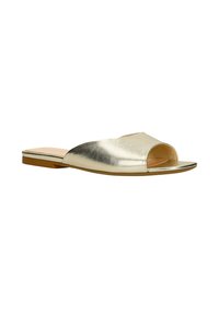 Flat open-toe slide sandal with metallic gold leather upper and tan sole, designed for casual wear.