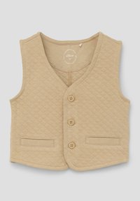 Beige gesteppte Weste mit V-Ausschnitt, dreifach knöpfbarem Frontverschluss und zwei kleinen Taschen. Glatte Textur mit dezentem Rautenmuster.