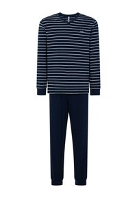 Conjunto de pijama azul marino que incluye una camiseta de manga larga a rayas con escote en V y pantalones sólidos azul marino a juego con puños elásticos en los tobillos.