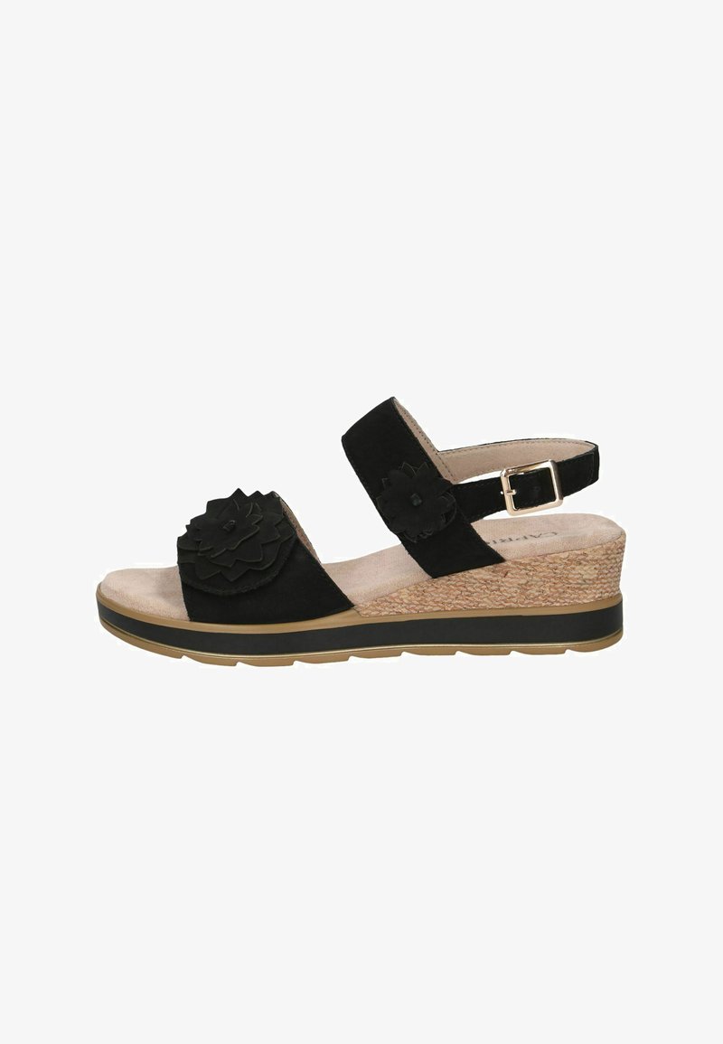 Sandales compensées en daim noir avec accents floraux, bout ouvert, bride ajustable à la cheville et semelle intermédiaire à texture style liège. Semelle extérieure en caoutchouc pour une meilleure adhérence.