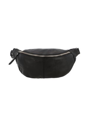 Zwarte leren heuptas met een zilveren rits en verstelbare band, ontworpen voor handsfree dragen.
