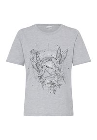 T-shirt en coton gris avec un imprimé graphique noir représentant deux colibris et des motifs floraux, col rond et manches courtes.