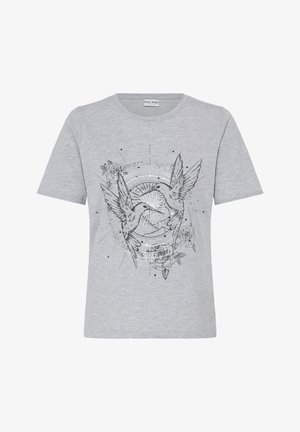 Tricou din bumbac gri cu un imprimeu grafic negru reprezentând doi colibri și motive florale, decolteu rotund și mâneci scurte.