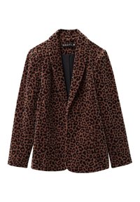 Blazer en velours doux à imprimé léopard, avec des revers crantés, des manches longues et une doublure intérieure noire. Palette de couleurs marron et noir.