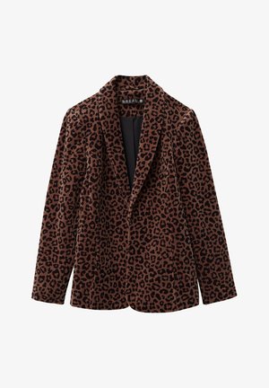 Leopardprint blazer van zachte fluweel, met een gelapt kraag, lange mouwen en een zwarte binnenvoering. Bruin en zwart kleurenschema.
