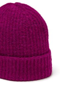 Berretto lavorato a maglia di un brillante fucsia, con un design a coste texturizzato e un bordo ripiegato. Realizzato in un morbido materiale simile alla lana, caldo e confortevole.