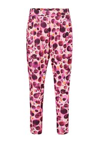 Loose-fitting trousers in a pink and cream pattern with large, blended purple and orange dots; features a pleated front and elastic waistband.