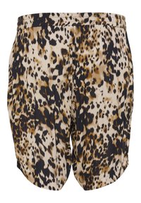 Pantaloni corti con stampa leopardata, caratterizzati da una combinazione di colori beige, nero e marrone, realizzati in un tessuto morbido con una cintura elastica.