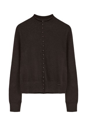 Cardigan marron foncé à manches longues avec petits boutons ronds sur le devant et un design simple sans col.