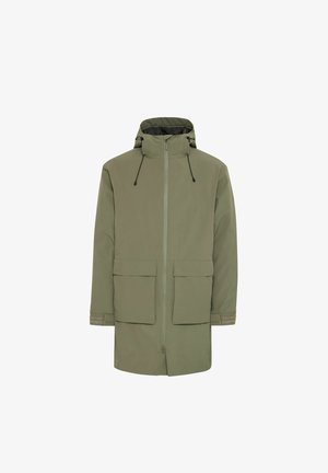 Olijfgroene parka jas gemaakt van zachte stof, met een ritsluiting aan de voorkant, een verstelbare trekkoordkap en twee grote zijzakken.