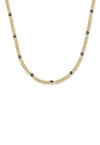 Collana a catena d'oro con anelli spessi arricchita da perline nere, dalla texture liscia e dal design uniforme.