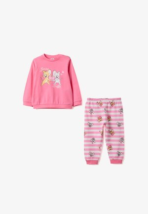 Pinkes Kinder-Sweatshirt mit den Cartoonfiguren Jerry und Tuffy sowie passende rosa-weiß gestreifte Hose mit Mäusemotiven.