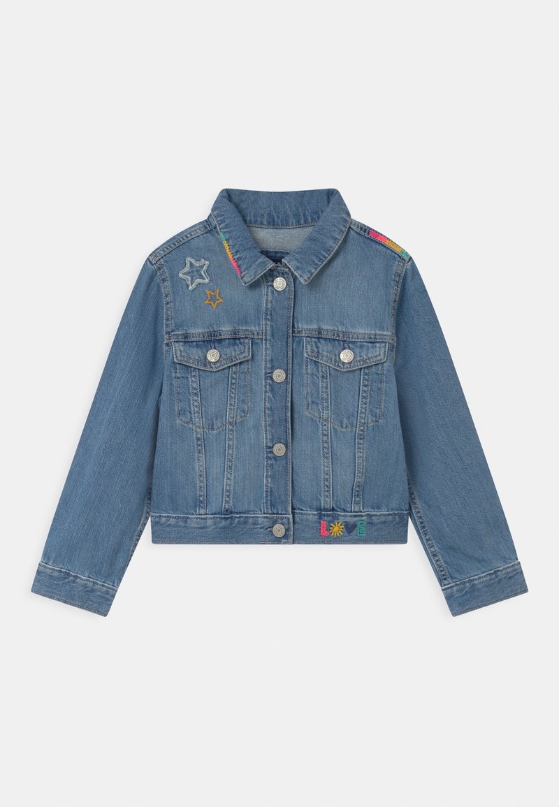 Jeansjacka med cropped passform, ljusblå färg, två bröstfickor och färgglada broderade stjärnor samt ordet 'LOVE' på fållen.