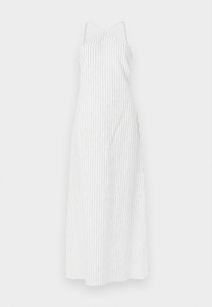 Rochie albă cu dungi, design cu spatele încrucișat, realizată dintr-un material ușor. Are dungi verticale subțiri negre și o siluetă vaporoasă.