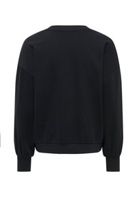 Sweat-shirt noir à manches longues avec col rond, poignets et ourlet côtelés, montré de dos sur fond blanc.