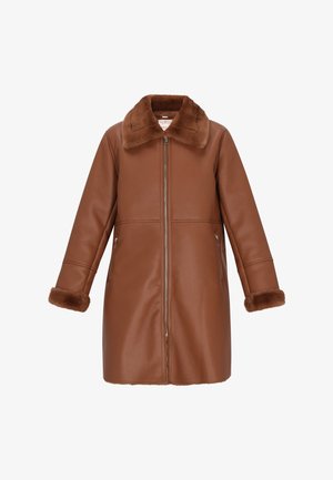 Brown leather coat with furry collar and cuffs, front zipper closure, and zippered side pockets, designed for cold weather.