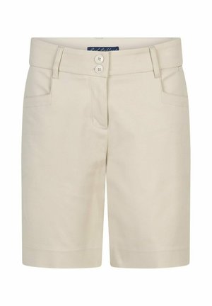 Beige knielange korte broek met twee steekzakken aan de voorkant, lussen voor een riem, een dubbele knoopsluiting en een zichtbaar marineblauw merkembleem aan de binnenkant van de tailleband.