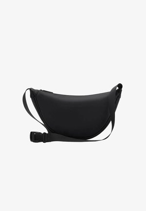 Black, curved shoulder bag made of smooth material, featuring a zip closure and an adjustable strap with a sturdy buckle.