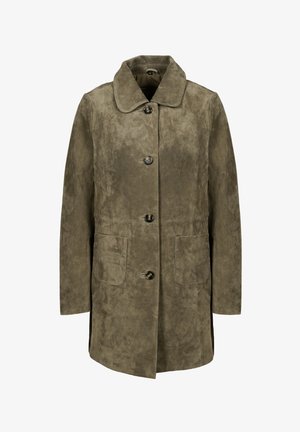 Olijfgroene suède mantel tot halverwege met vier knopen, twee voorzakken met klep en een brede, afgeronde kraag.