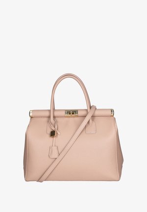 Sac en cuir beige avec quincaillerie dorée, design structuré, double poignées, bandoulière amovible et fermeture à fermoir.