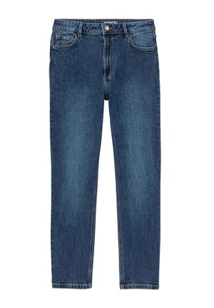 Jean en denim bleu foncé avec une coupe droite, style cinq poches et une taille standard avec une fermeture à boutons et zip.