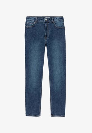 Jean en denim bleu foncé avec une coupe droite, style cinq poches et une taille standard avec une fermeture à boutons et zip.
