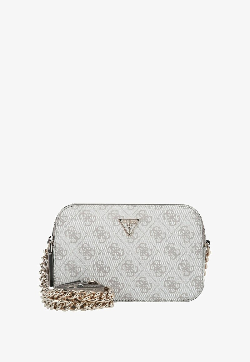 Borsa a tracolla grigia a motivi con una catena argentata, con design del logo e chiusura a zip. Plaque del logo in metallo sulla parte anteriore.