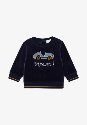 Dunkelblaues Samt-Sweatshirt mit Rundhalsausschnitt, langen Ärmeln und gelben Streifen an den Bündchen. Mit besticktem blauen Auto und dem Wort "vroum!".
