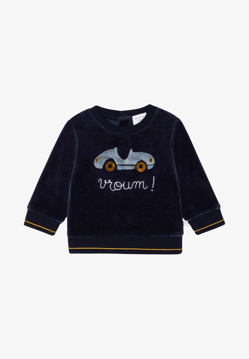 Sweatshirt en velours bleu marine avec un col rond, des manches longues et des poignets rayés jaunes. Présente une voiture bleue brodée et le mot "vroum !"