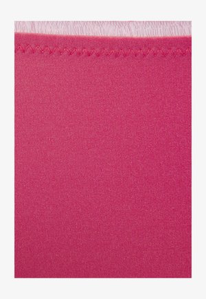Pink fabric with a smooth, stretchy texture. Features a ribbed pattern and a zigzag stitching detail along the edge.