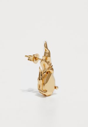 Goldene abstrakte Ohrringe mit ovaler Form und strukturierten, skulpturalen Akzenten. Das Design hat eine polierte Oberfläche und einen Steckverschluss.
