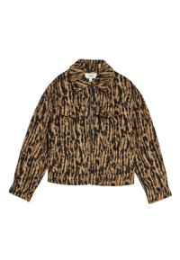 Veste en léopard avec col, fermeture zippée, deux poches poitrines, manches longues et une finition douce et texturée dans des tons de marron et de noir.