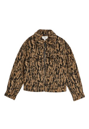Veste en léopard avec col, fermeture zippée, deux poches poitrines, manches longues et une finition douce et texturée dans des tons de marron et de noir.