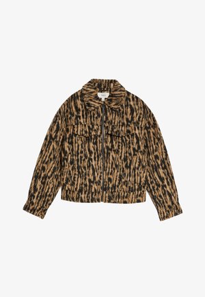 Bunda s leopardím potiskem, límcem, zipovým uzávěrem, dvěma náprsními kapsami, dlouhými rukávy a měkkým, texturovaným povrchem v hnědých a černých tónech.