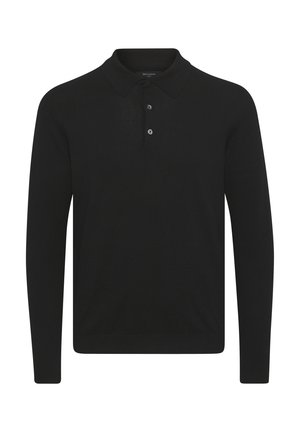 Zwarte longsleeve poloshirt van zachte stof met een klassieke kraag, een drie-knopen knoopsluiting en een getailleerde pasvorm.