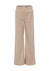 Beige wijde pijpenbroek van ribbelstof met een elastische tailleband. Het ontwerp heeft vloeiende benen en een zachte textuur overal.