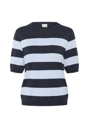Pulover cu maneci scurte, alb cu dungi albastre, de tip crew neck; textură moale și croială lejeră, având dungi alternative late și înguste.