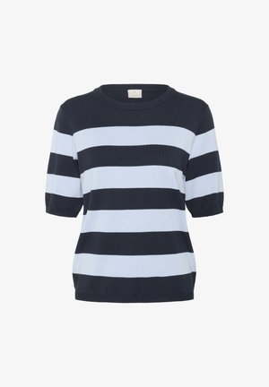 Zila un baltā svītrainā īsām piedurknēm džemperis ar apaļu kaklu; mīksta auduma un brīva piegriezuma, ar mainīgām platām un šaurām svītrām.