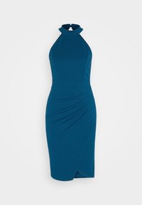 Halterneck-Kleid in Teal-Blau, aus glattem Stretchstoff gefertigt, mit einer taillierten Silhouette, gerafften Details und einem asymmetrischen Saum.