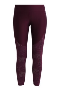 Leggings bordeaux con vita alta, caratterizzati da un design con pannello testurizzato in una tonalità più chiara e dettagli in mesh sulla parte inferiore delle gambe.