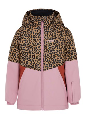 Veste en imprimé léopard avec capuche marron, corps rose et accents rouille. Matière : tissu doux. Comprend une fermeture éclair et des poches latérales.