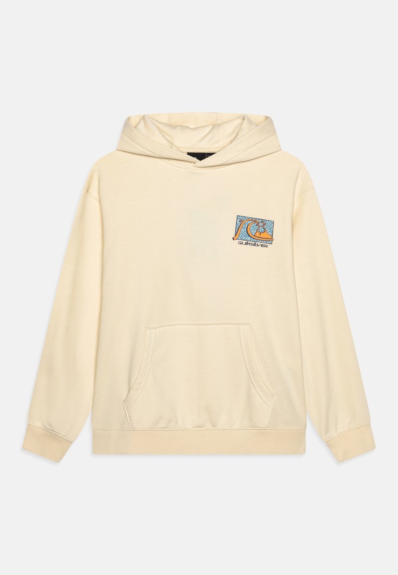 Sudadera color crema hecha de una tela suave, con un bolsillo frontal y un parche gráfico que presenta un diseño de olas y palmera.