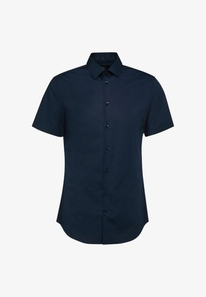 Marineblaue Kurzarm-Hemd mit Knöpfen, spitzem Kragen und durchgehender Knopfleiste vorne.