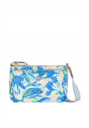 Floral crossbody bag featuring blue and yellow flower patterns on a cream background. Includes a zippered closure and adjustable strap.
