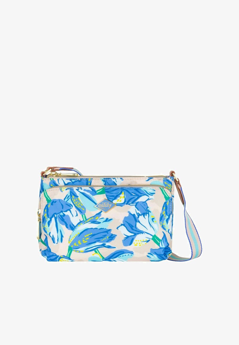 Borsa a tracolla floreale con motivi di fiori blu e gialli su uno sfondo crema. Include una chiusura con zip e una tracolla regolabile.