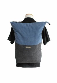 Backpack in blue and gray fabric with a textured finish. Features a top zipper and a metal brand tag. Height is wider than its width.