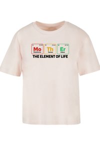 Light pink, short-sleeve t-shirt featuring a print that includes chemical symbols and the text "THE ELEMENT OF LIFE" in black.